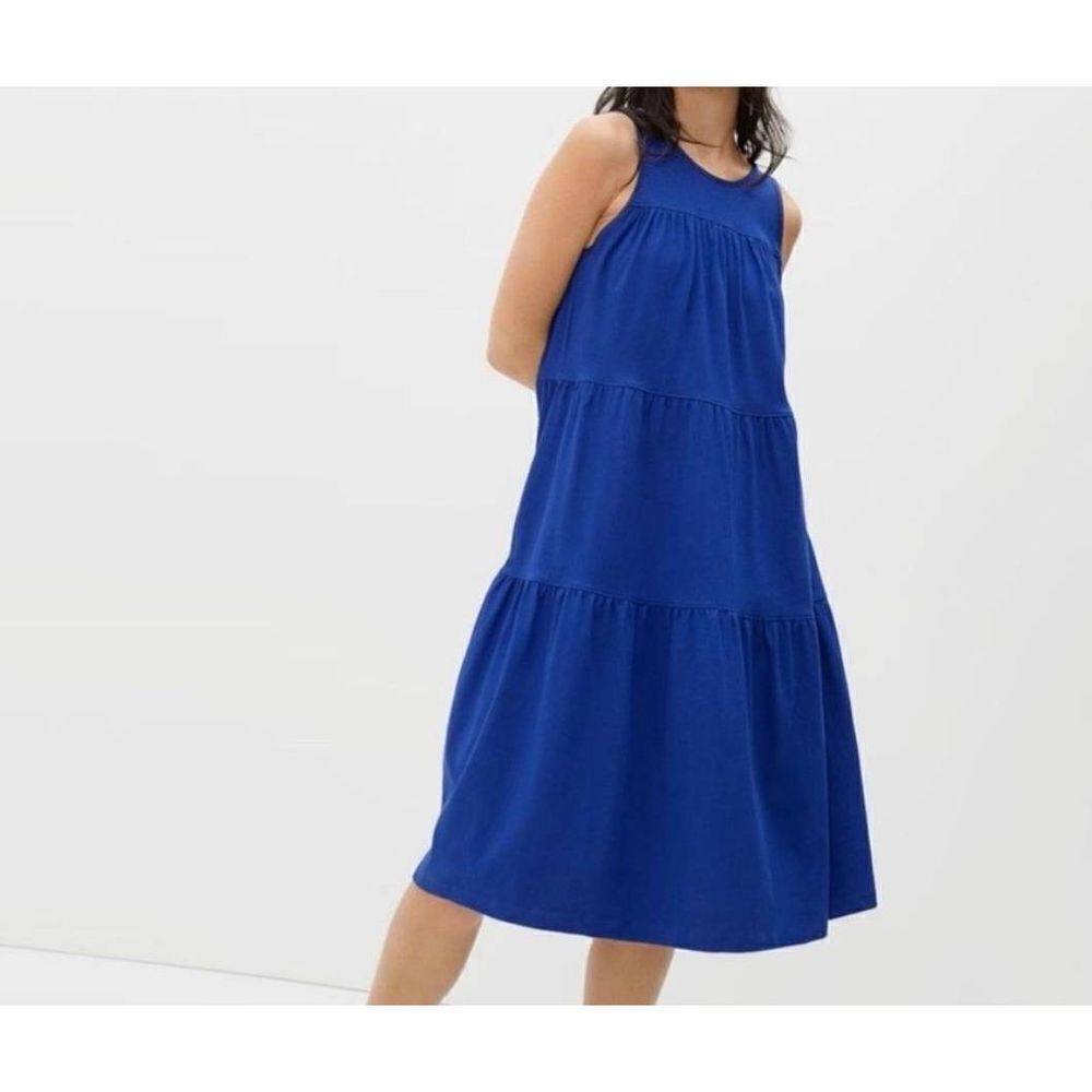 NWT Everlane The Weekend Tiered Dress Blue Sleeveless Cotton Size S
